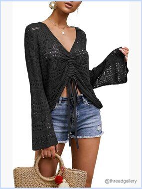 Off Shoulder Sheer Crop Top Bell Sleeve Flowy Boho Knit Pullover Sweater